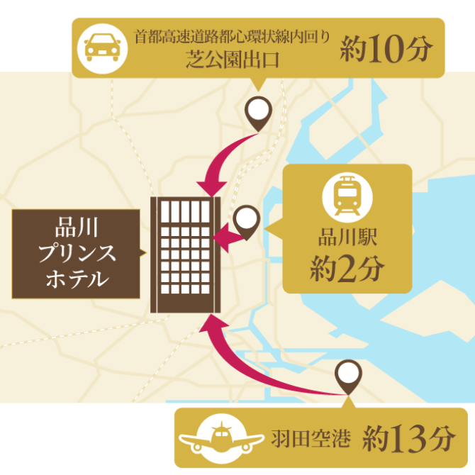 首都高速道路都心環状線内回り 芝公園出口約10分 品川駅約２分 羽田空港約13分