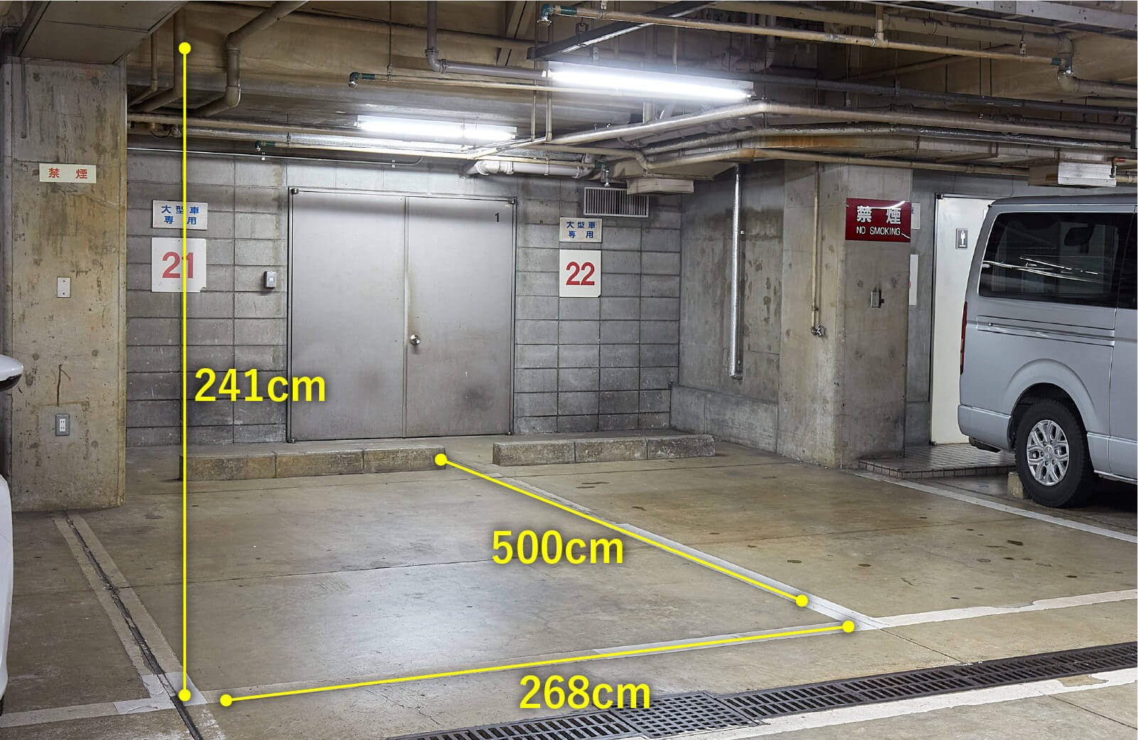 駐車場サイズ 横幅268センチメートル 奥行500センチメートル 高さ241センチメートル