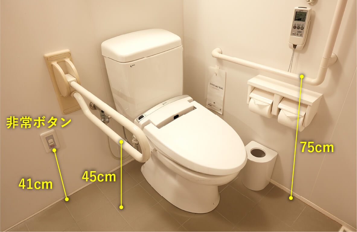 トイレ周りのサイズ　非常ボタンの高さ41センチメートル　トイレ左側手すりの高さ45センチメートル　トイレ右側手すりの高さ75センチメートル