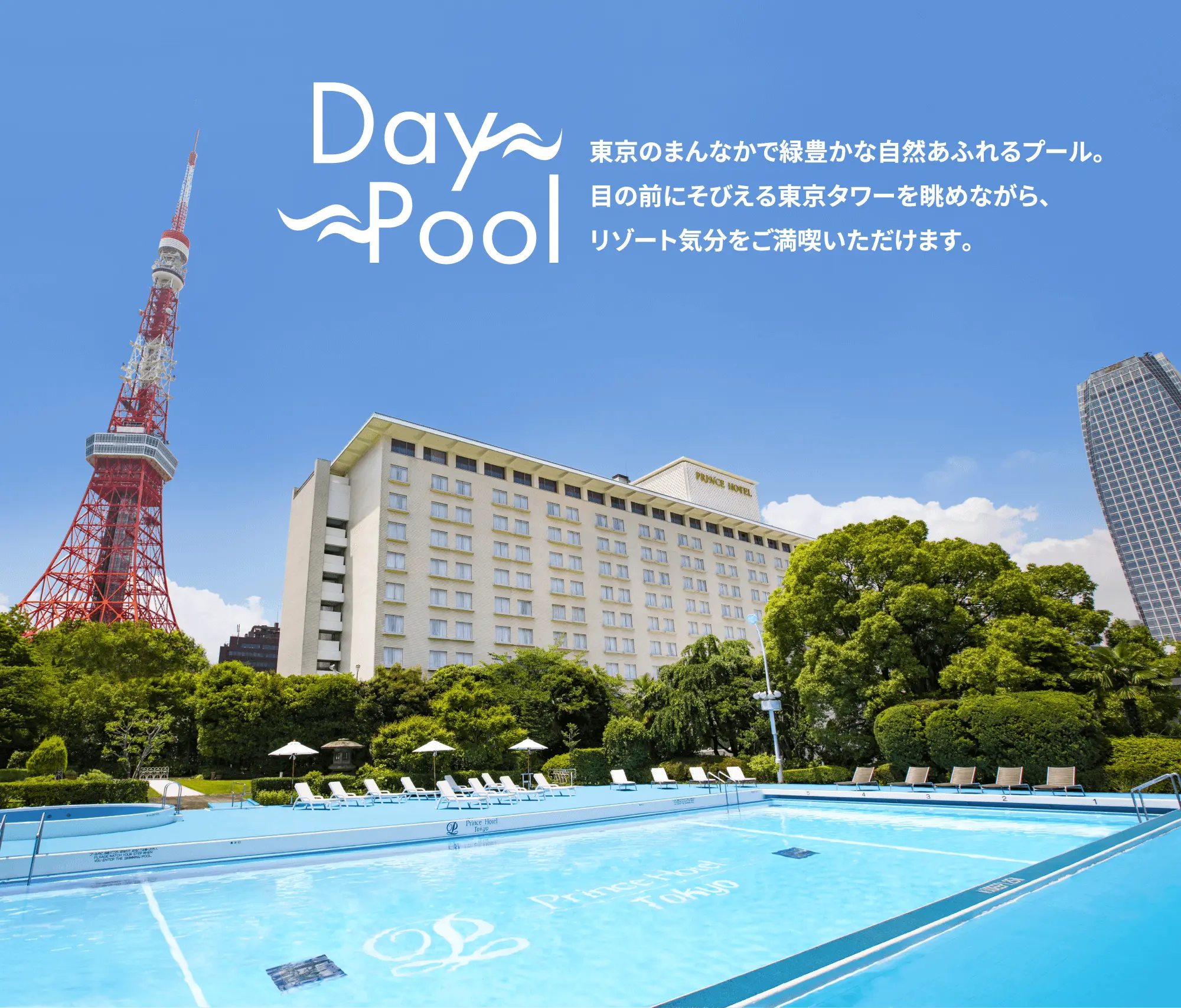 Day Pool 東京のまんなかで緑豊かな自然あふれるプール。目の前にそびえる東京タワーを眺めながら、リゾート気分をご満喫いただけます。